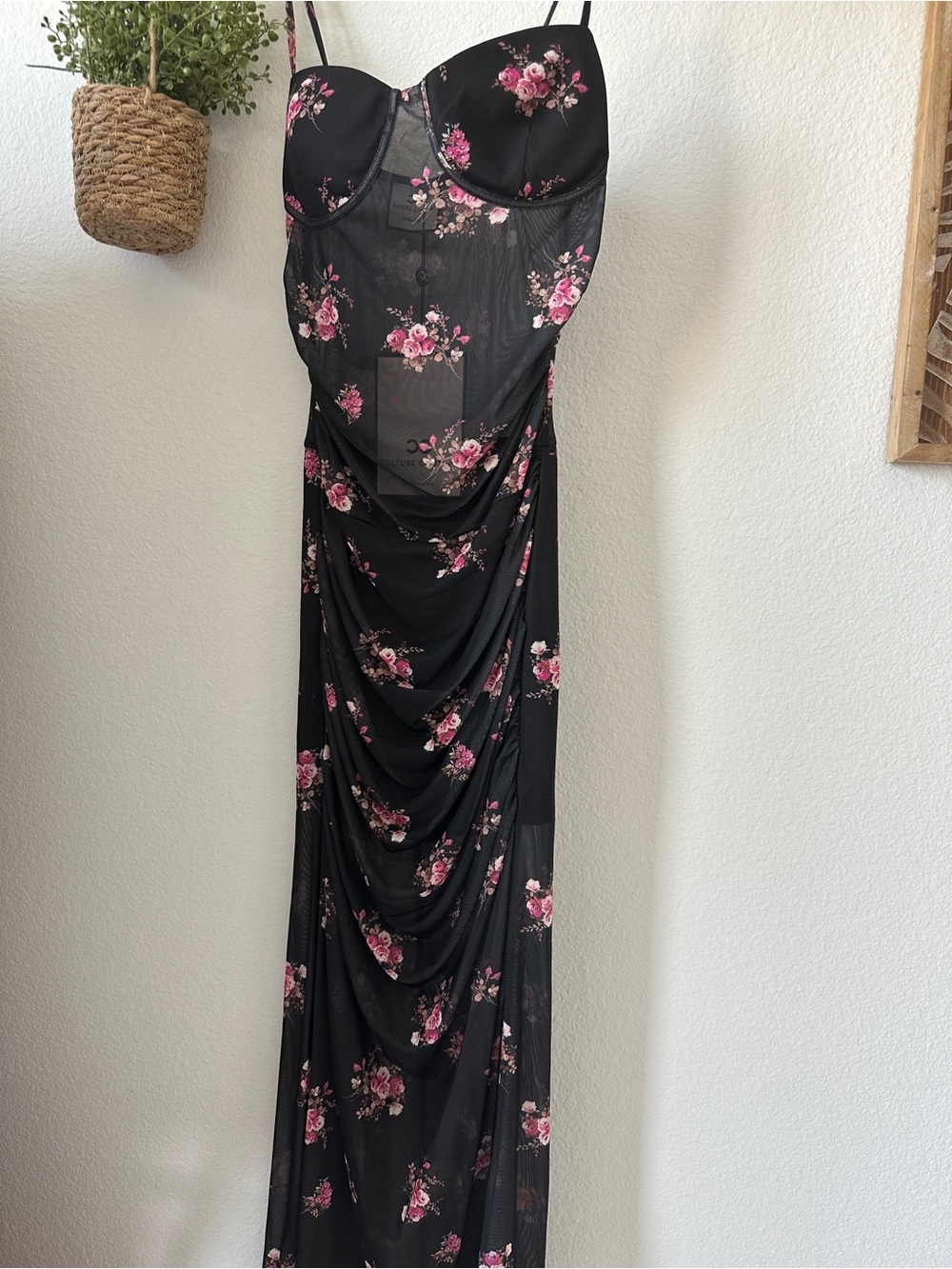 Black Floral Sheer Draped Maxi Dress